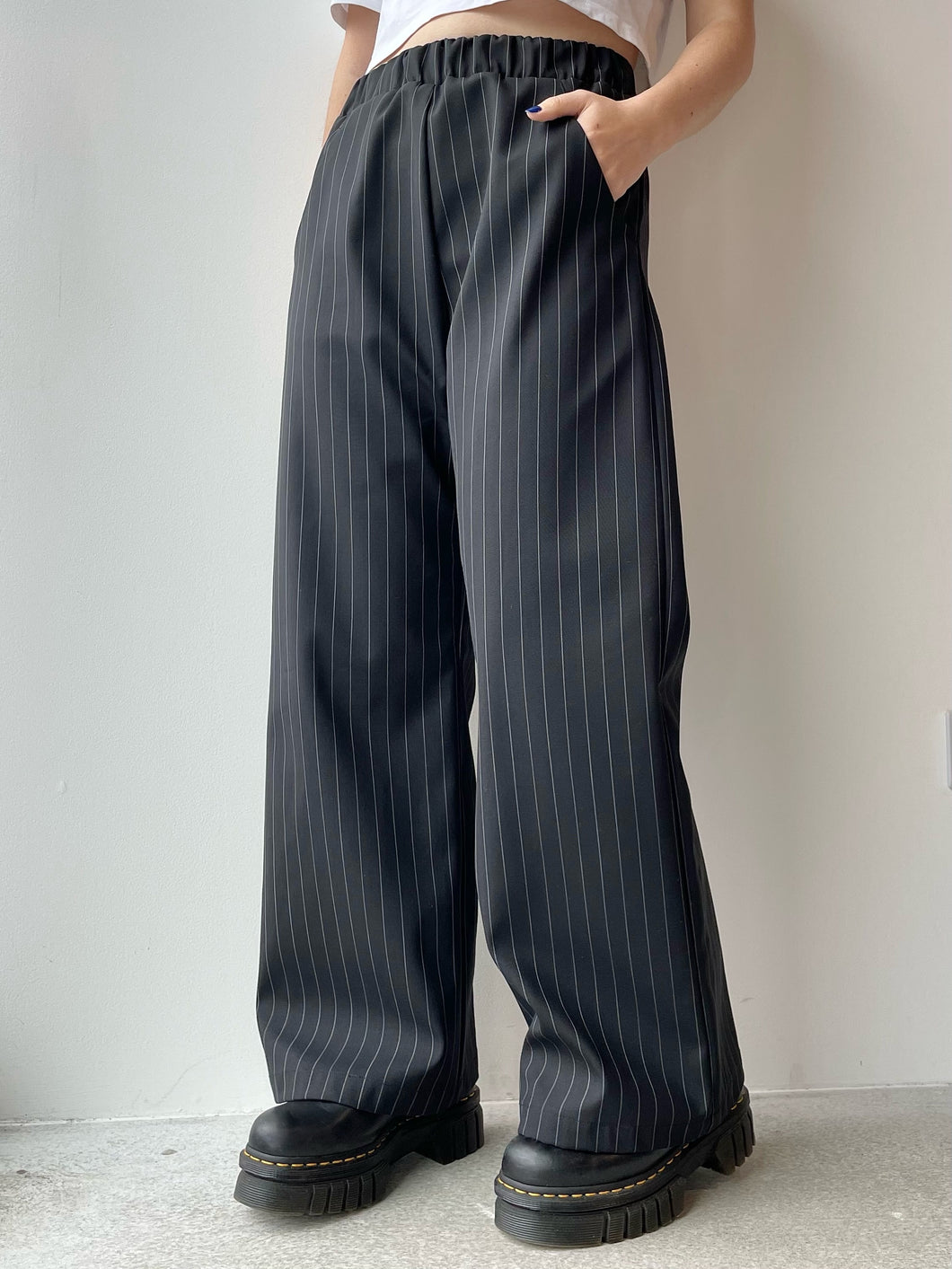 black petite wide leg trousers pinstripe high waist elasticated