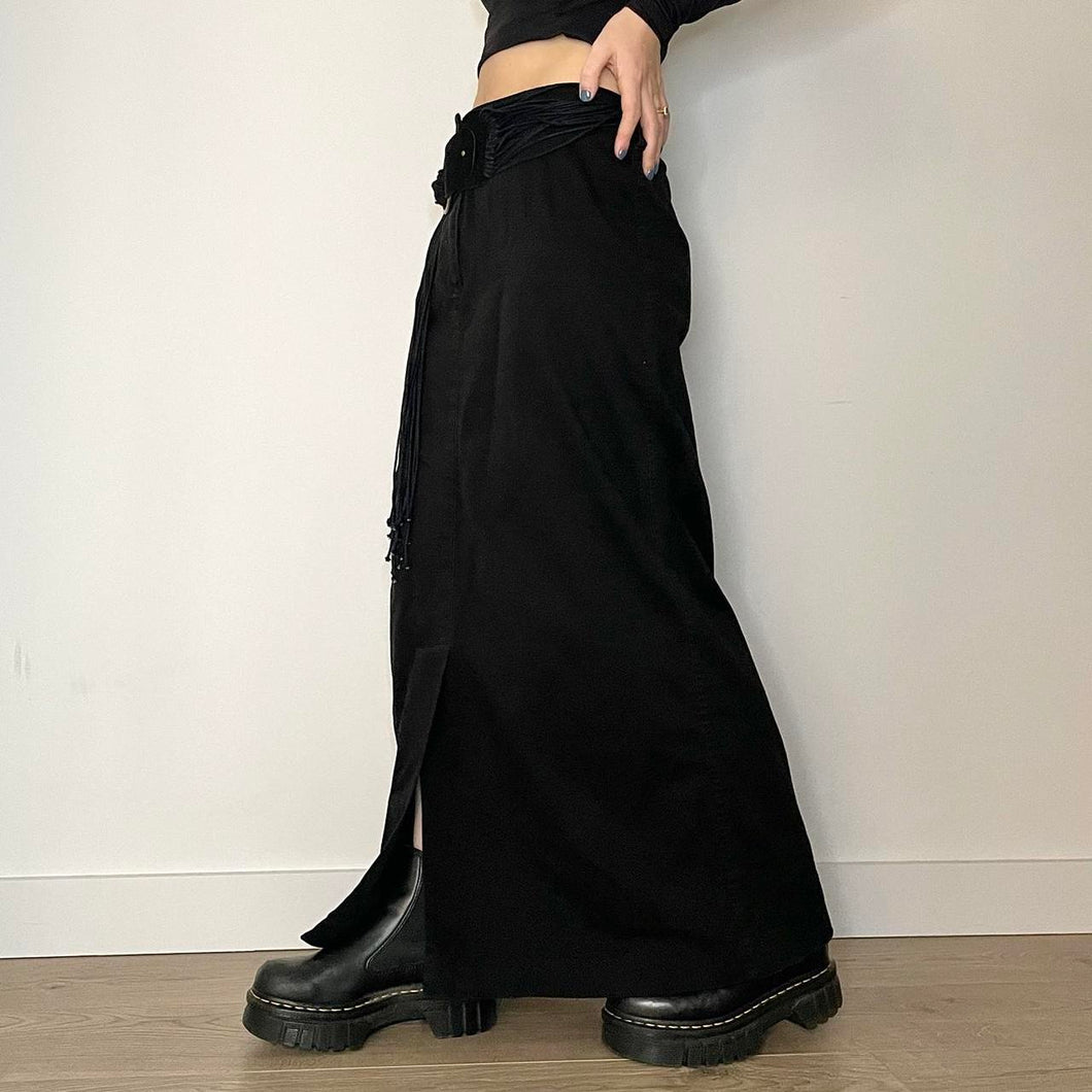 Y2K black maxi skirt with belt - UK 10